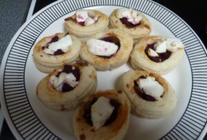 Caramelised onion, beetroot and goats cheese vol au vents