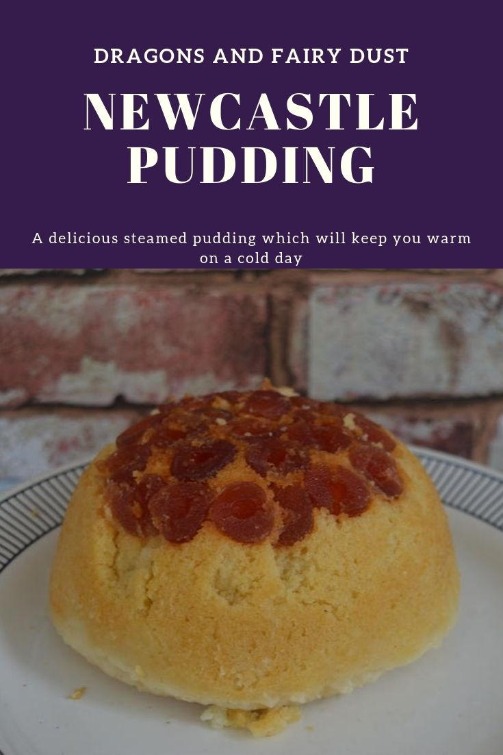 Newcastle pudding. A steamed pudding with a cherry topping that is the perfect dessert for a cold night. Serve with custard and enjoy