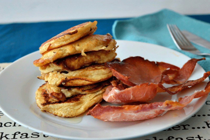 American style pancakes with maple baked bacon