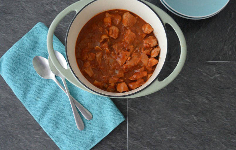 A classic chicken chasseur made with chicken, wine, tomatoes onions and mushrooms
