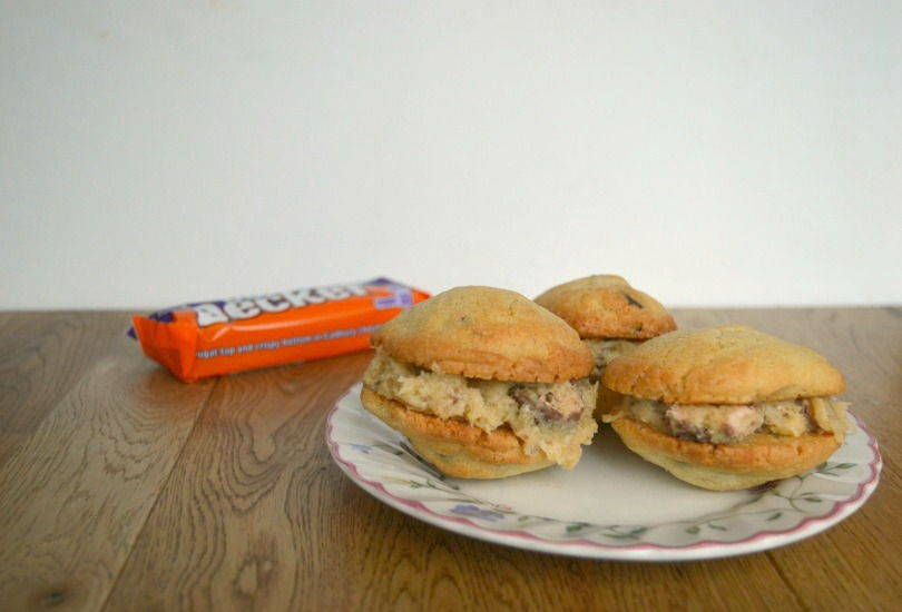 Double decker cookie sandwiches. A chocolate chip cookie with a frosting filling made with double deckers
