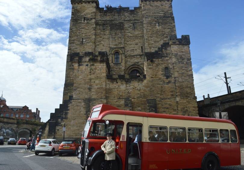 A vintage bus tour of Newcastle - stopped outside the castle keep