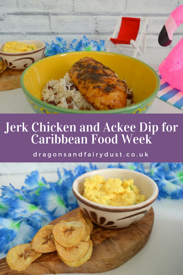 An Easy Jamacian jerk chicken recipe served with rice and peas. Ackee dip with plaintain chips