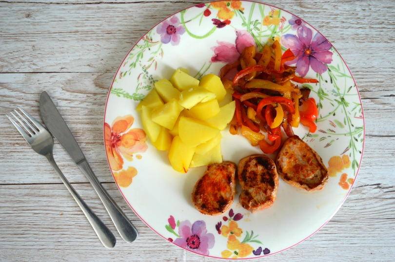 Spanish pork with sweet and sour peppers and saffron potatoes