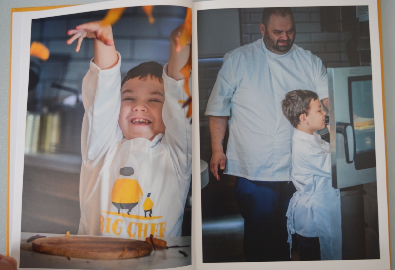 Picture from the inside of big chef mini chef cookbook showing the chef and his son