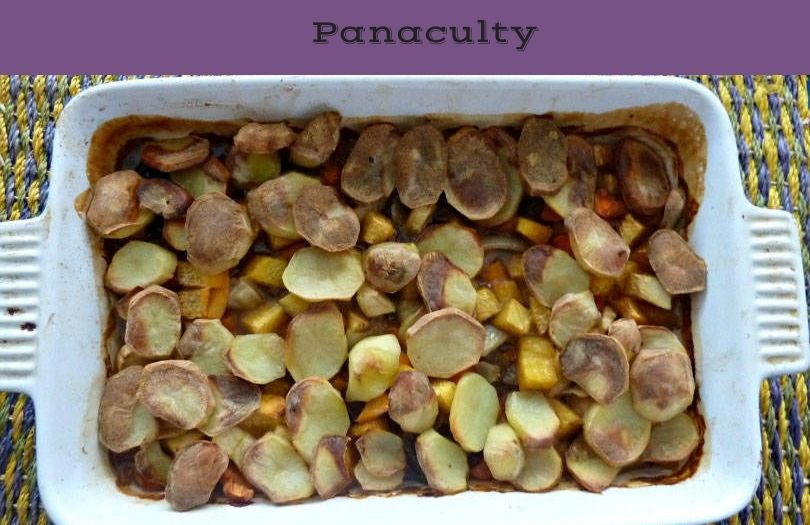 Panaculty, a dish with meat and root vegetables in a dish with sliced potatoes on top