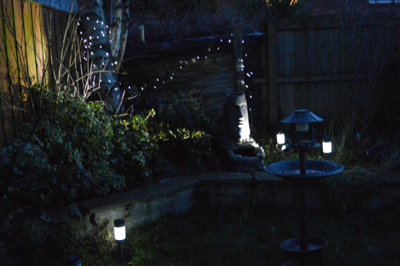 Solar lights installed in a garden, path lights on the path and fairy lights in the backgroung