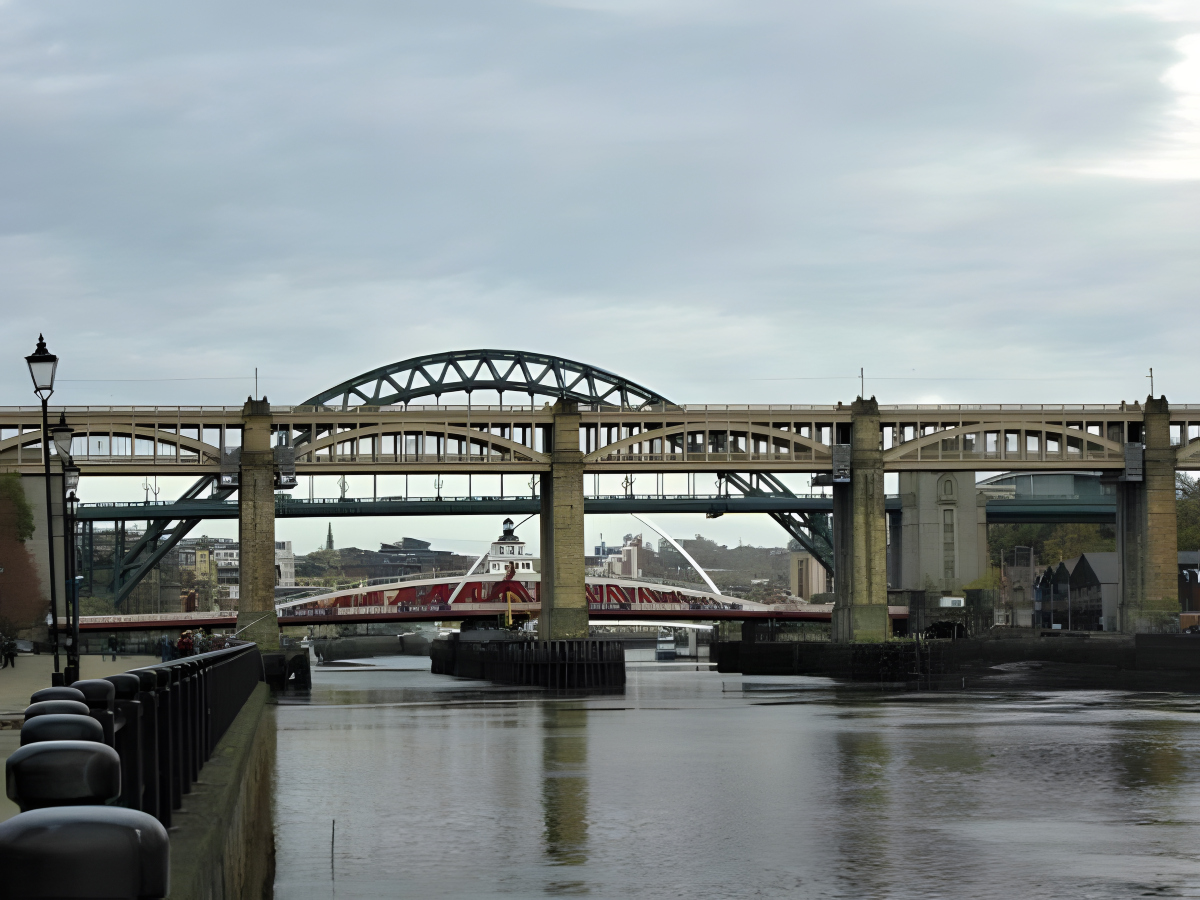 View along the River Tyne showing the High Level Bridge, Tyne Bridge and Millennium Bridge in Newcastle