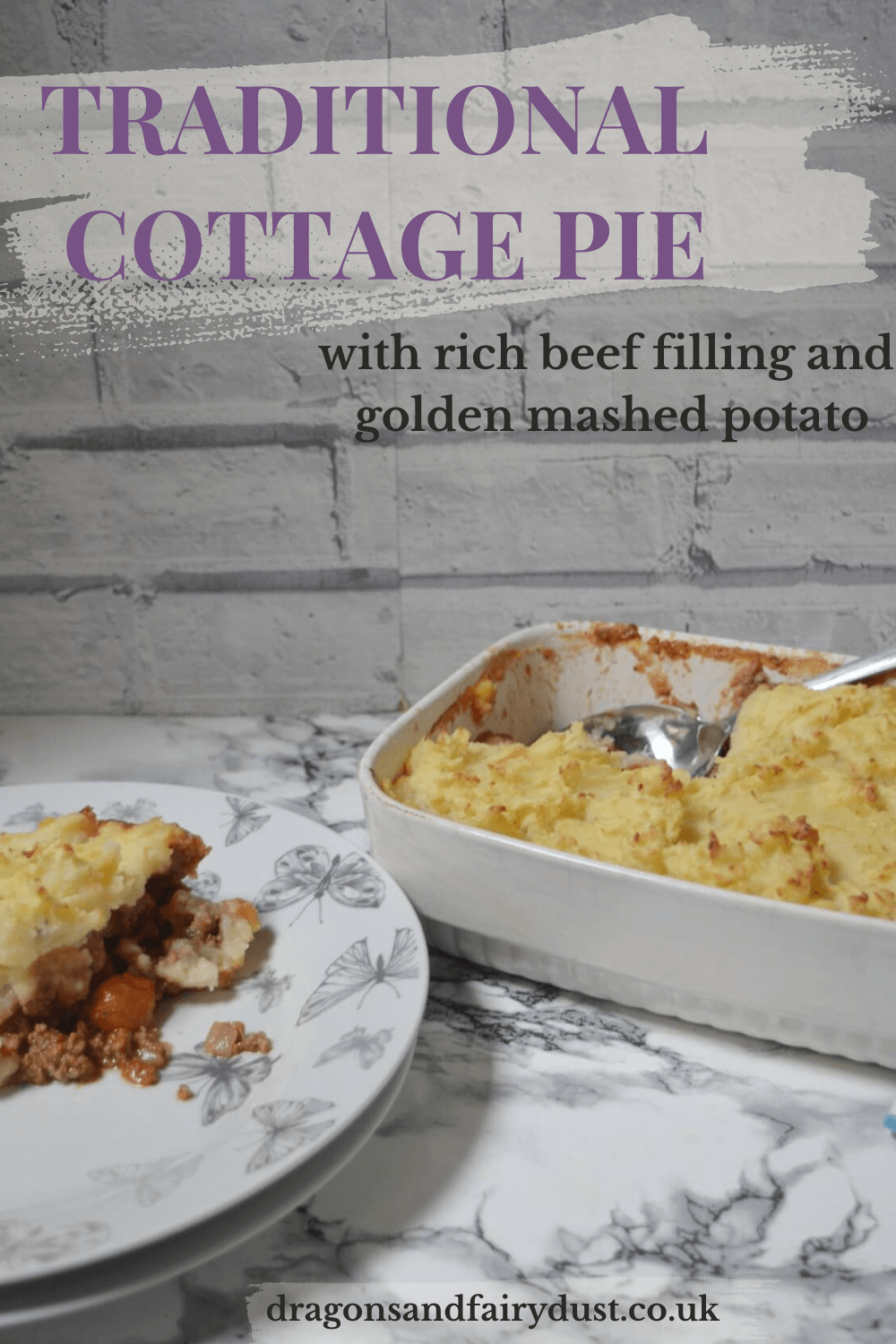 Homemade cottage pie with minced beef filling and golden mashed potato topping