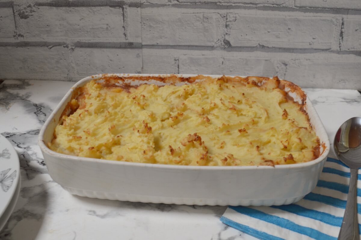 Homemade cottage pie baked until the mashed potato is golden