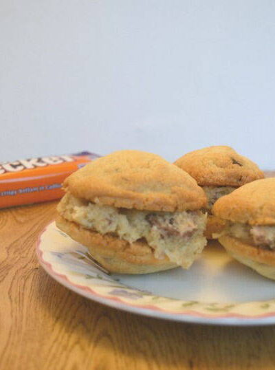 Double decker cookie sandwiches. A chocolate chip cookie with a frosting filling made with double deckers