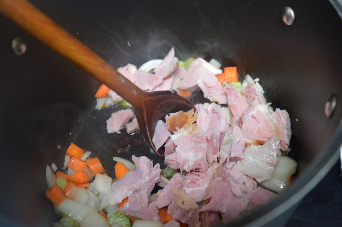 Cooked ham added to the pan