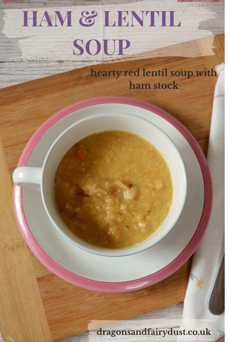 Ham and lentil soup made with red lentils, cooked ham and ham stock