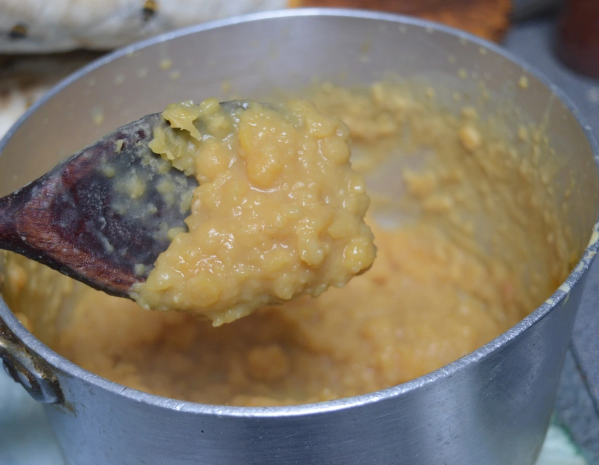 Pease pudding being cooked in a pan