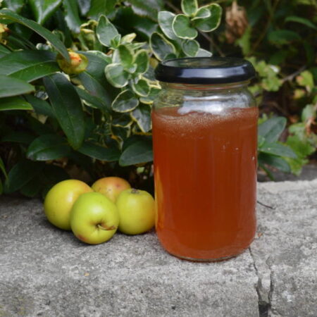 Crab apple jelly in a jar outside with crab apples beside it