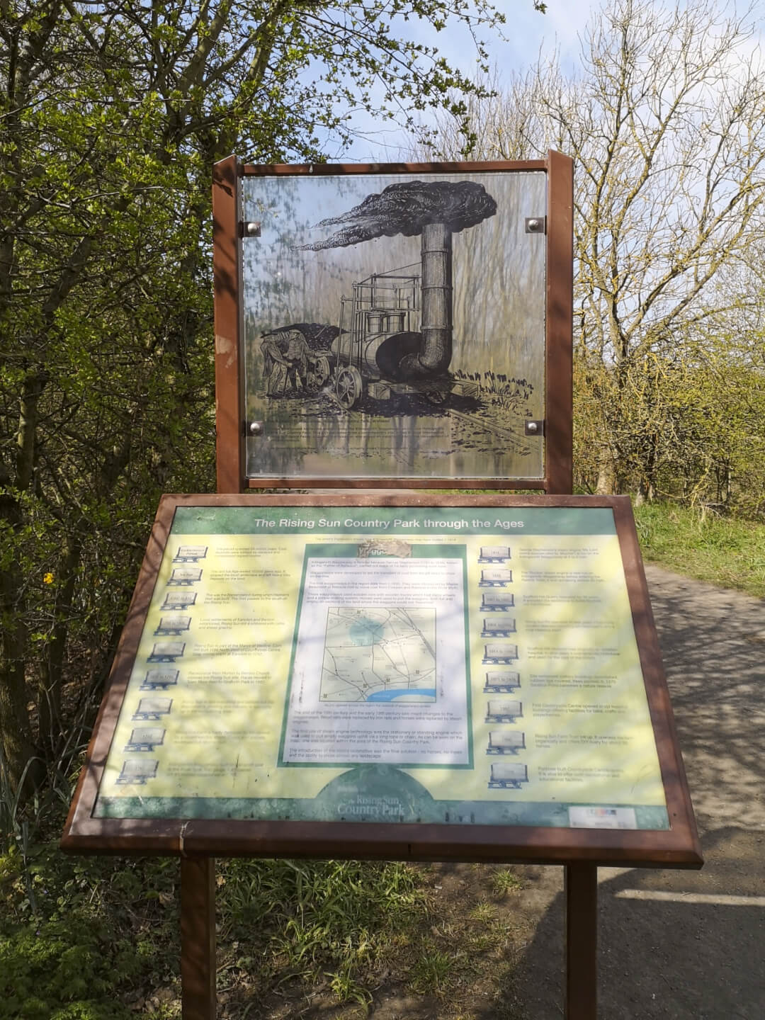 Waggonways path at the Rising Sun park, an information board showing the steam trains that were tested here.