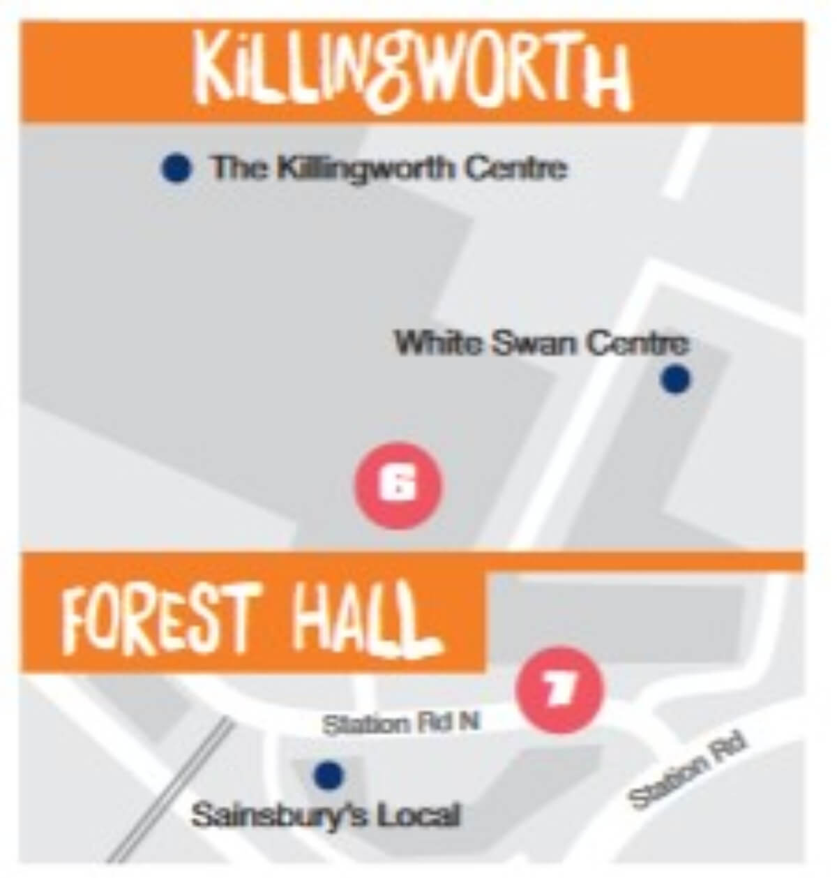 Map showing where to find the Morphs in Killingworth and Forest Hall for Morphs Epic Art Adventure