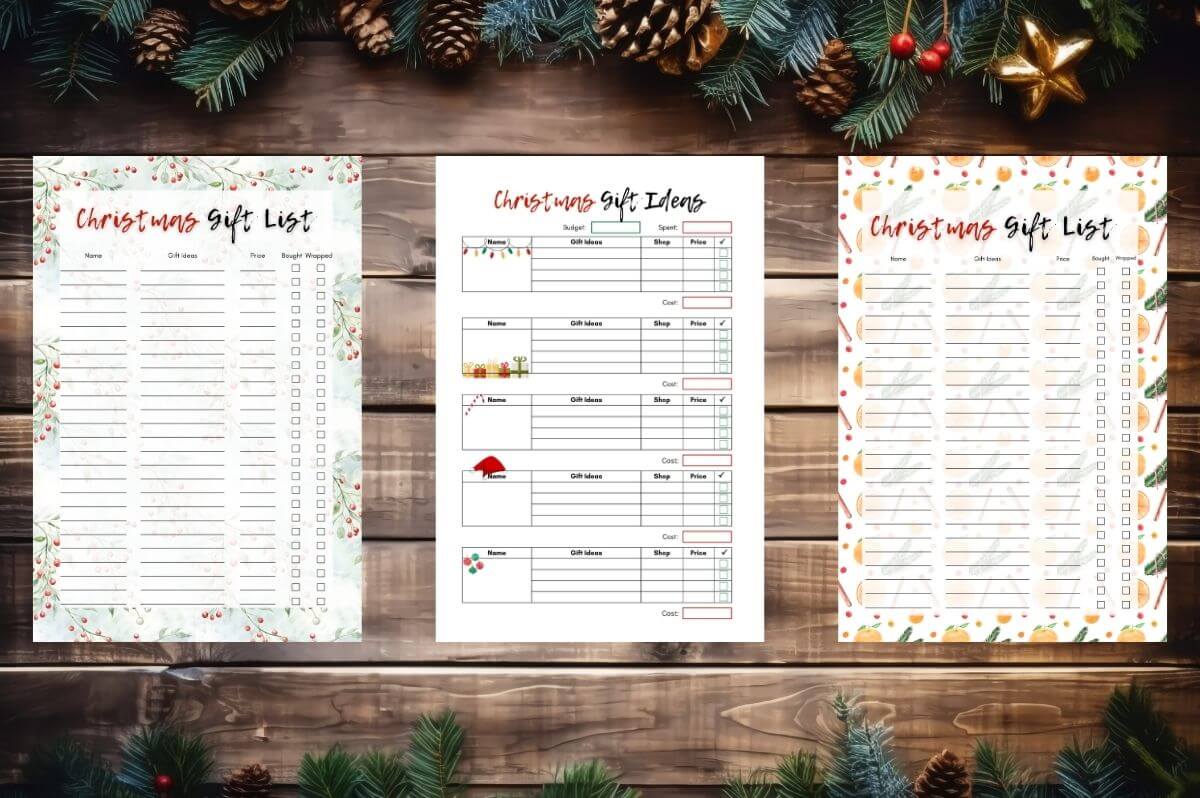 Printable Christmas gift planners on a wooden background