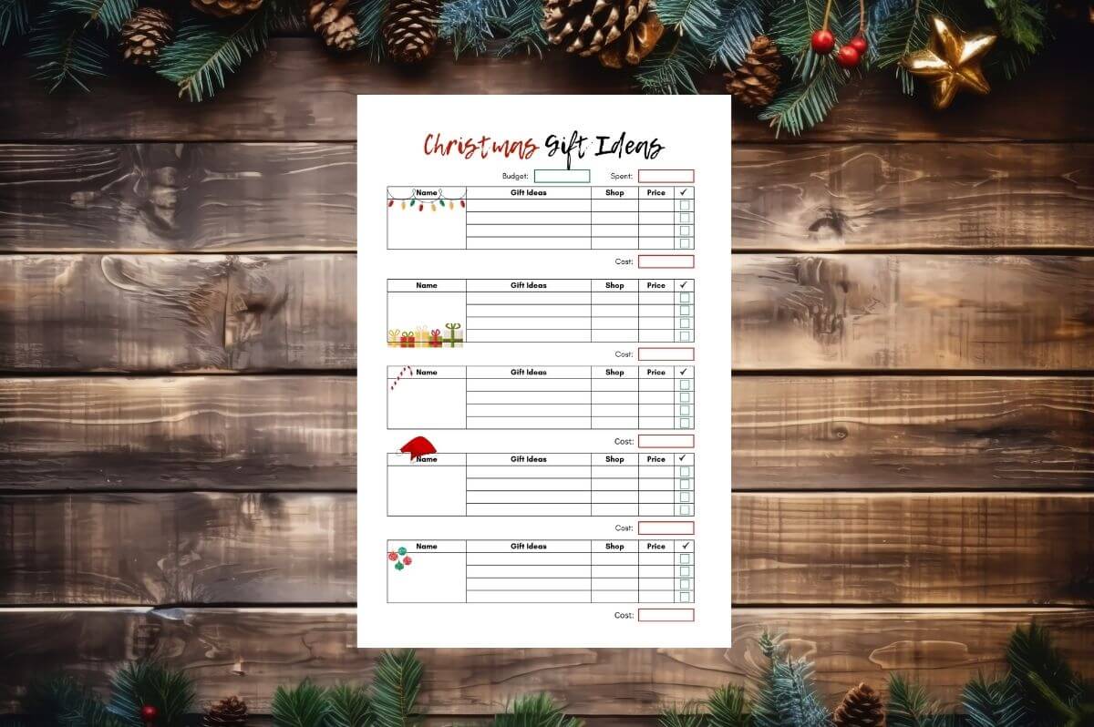 A budget Christmas gift planner on wooden boards