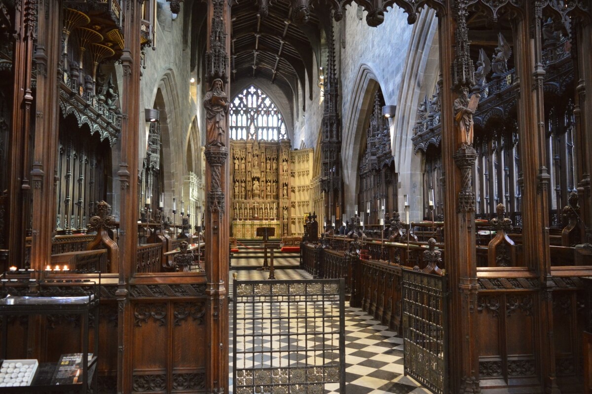 Wooden choir stalls and altar inside Newcastle Cathedral