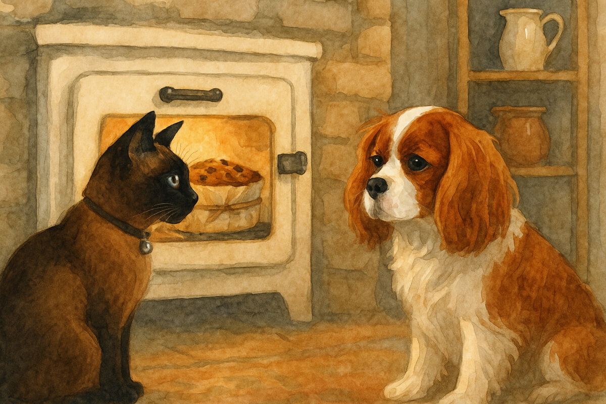 Watercolour of Bailey the Siamese cat and Bruno the cavalier king charles spaniel watching a christmas cake cook in an old fashioned oven