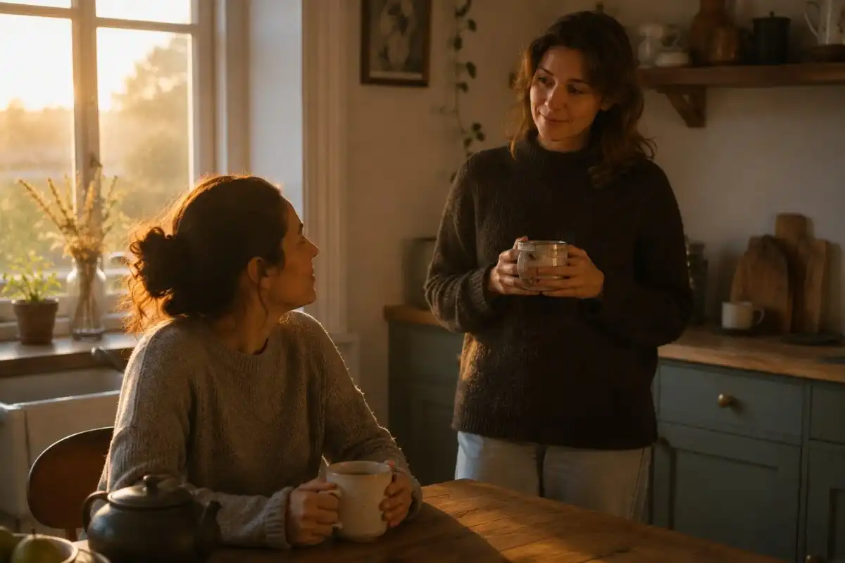 Two women sharing tea and a quiet conversation in a warm kitchen at dawn