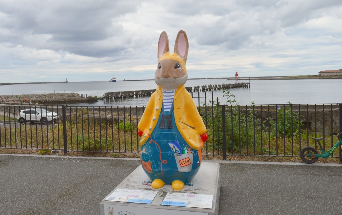 When the Boat Comes In Peter Rabbit sculpture in fishing clothes at North Shields Fish Quay