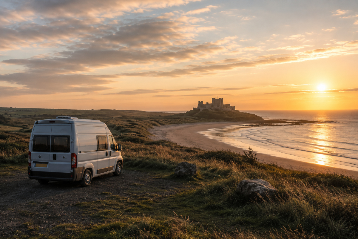 White campervan overlooking the Northumberland coast at sunrise with a sandy beach, calm sea and distant castle.