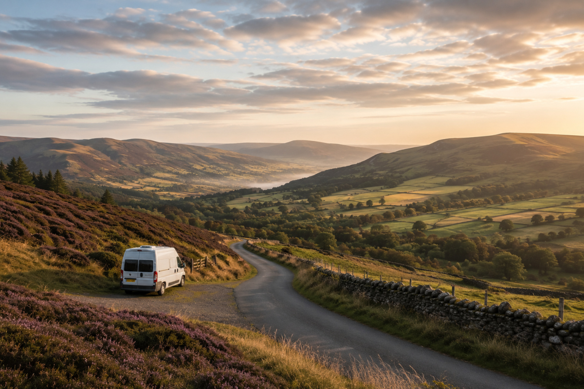 White campervan parked beside a winding road in Northumberland National Park with heather-covered hills and misty valleys.