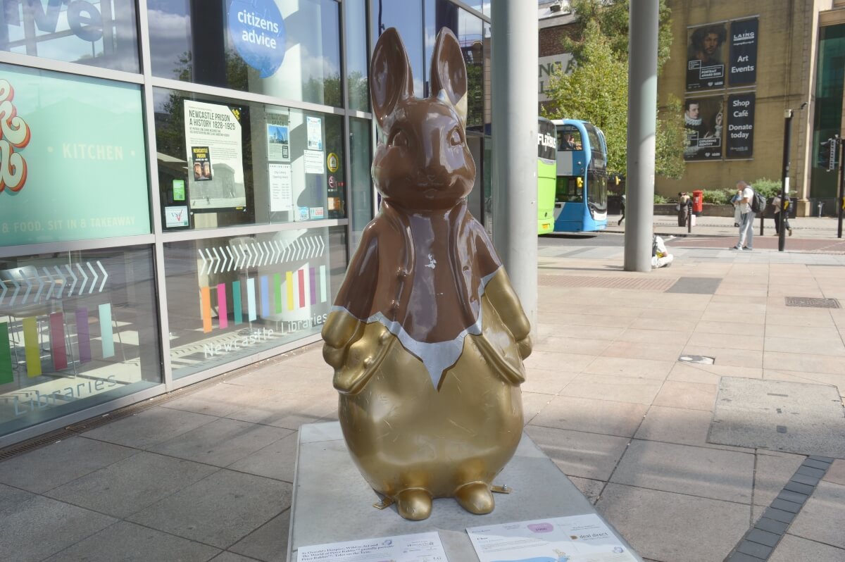 Choc chocolate Peter Rabbit sculpture outside Newcastle City Library
