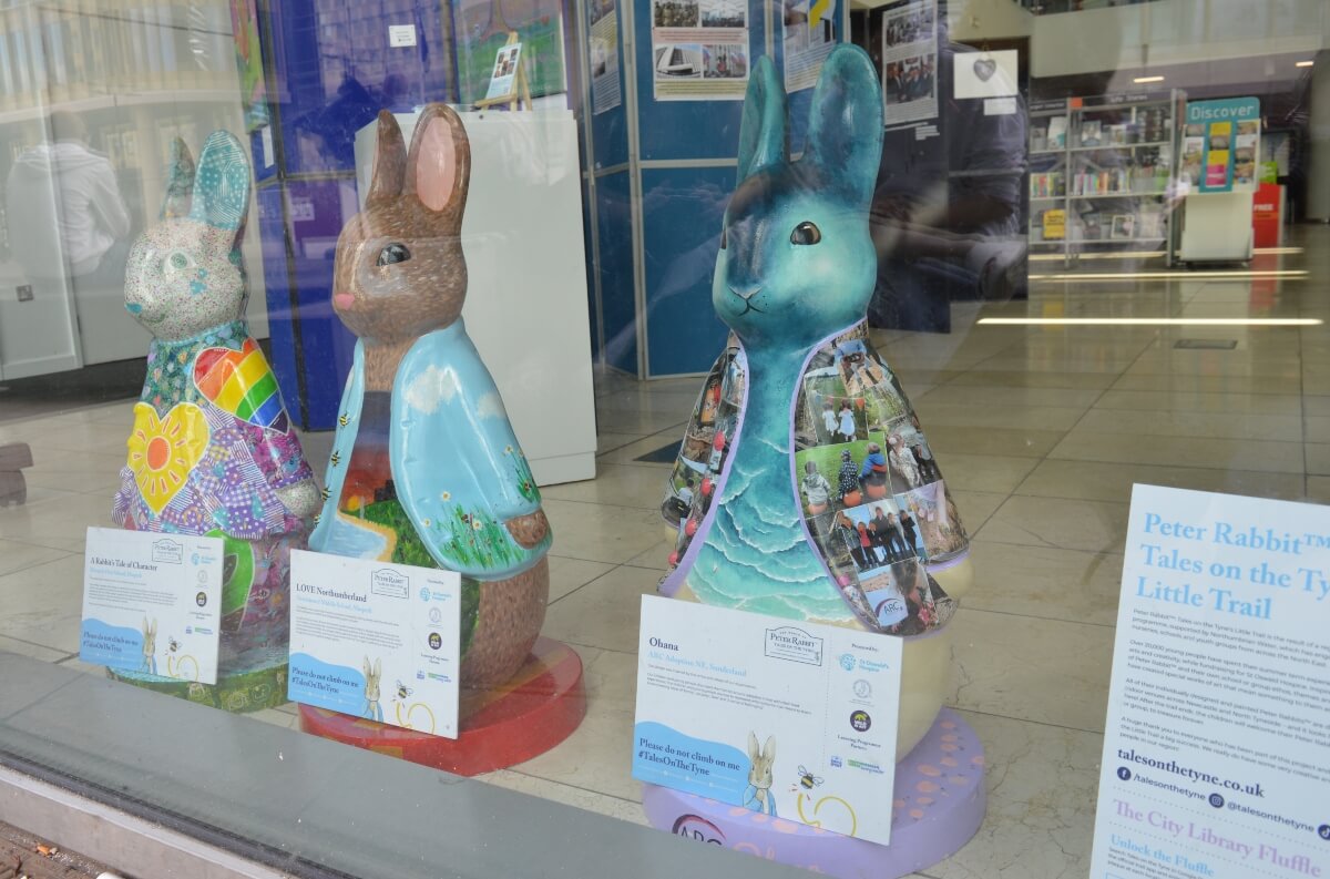 A Rabbit's Tale of Character, LOVE.Northumberland and Ohana Peter Rabbit fluffles in the window of Newcastle City Library