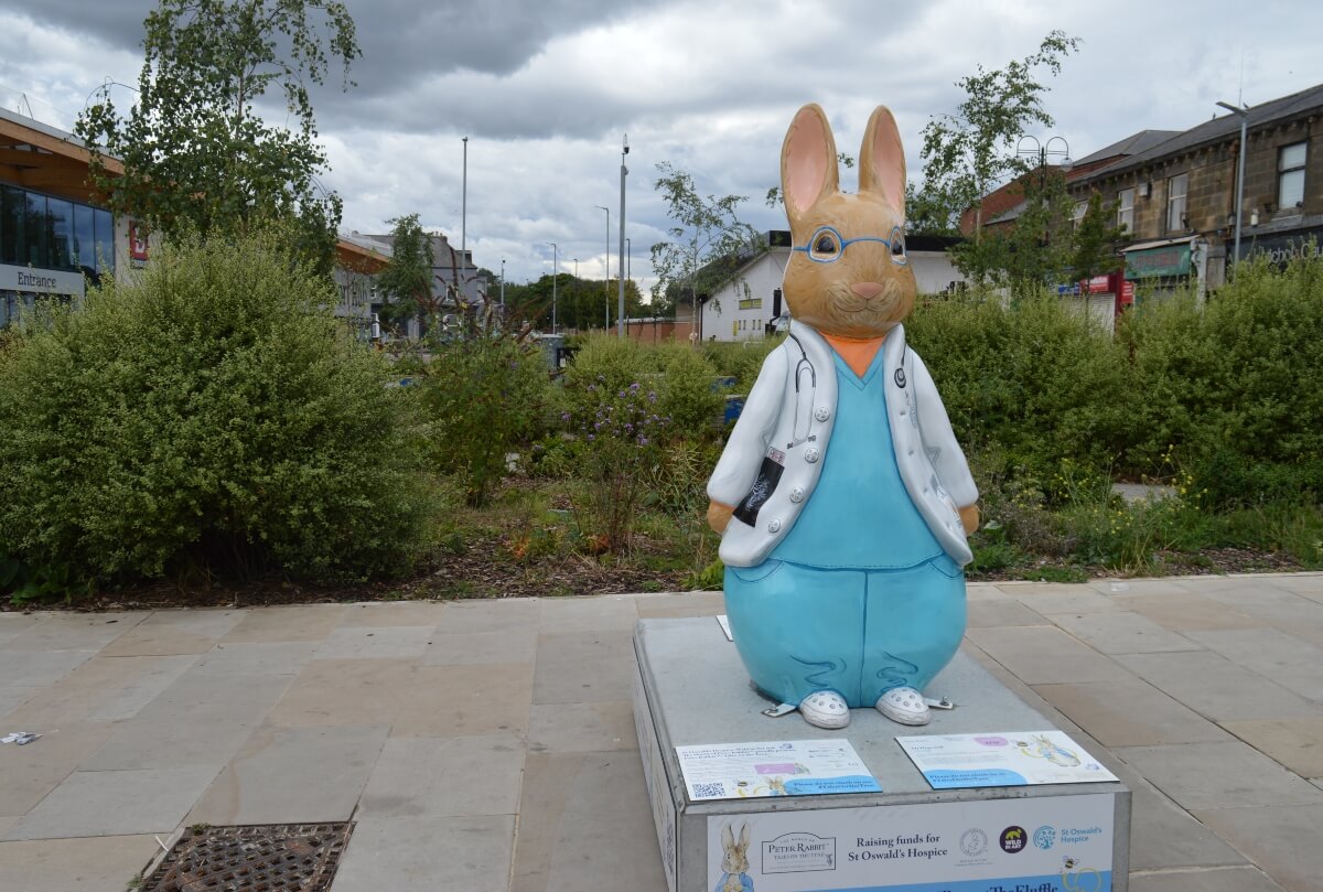 Dr Hop-well Peter Rabbit sculpture dressed as a doctor in North Shields