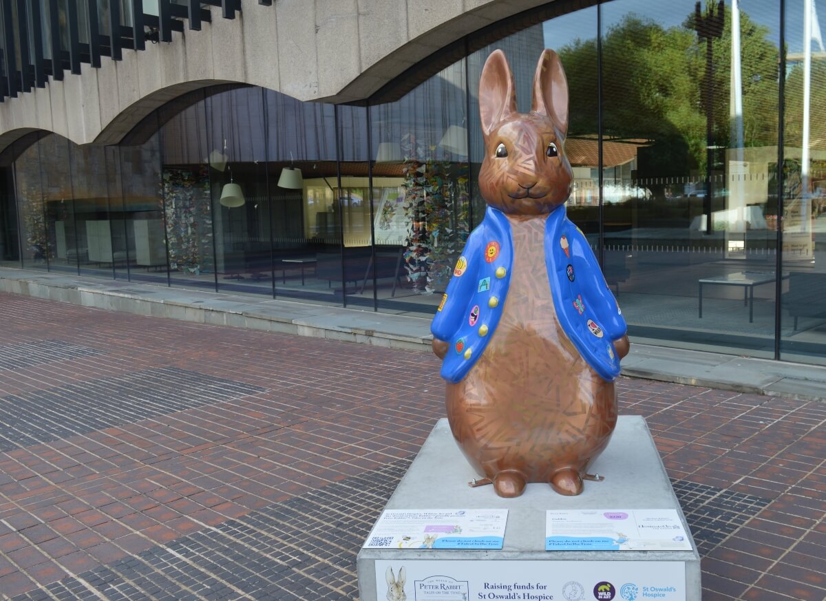 Golden Peter Rabbit sculpture outside Newcastle Civic Centre