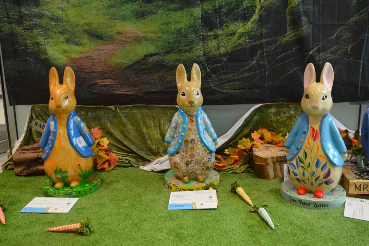 Three Peter Rabbit fluffles displayed together inside Gosforth Central
