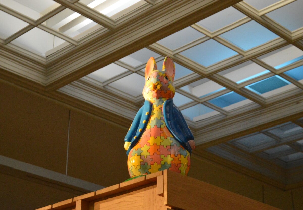 Unity jigsaw Peter Rabbit fluffle high above the Natural History gallery at the Great North Museum Hancock
