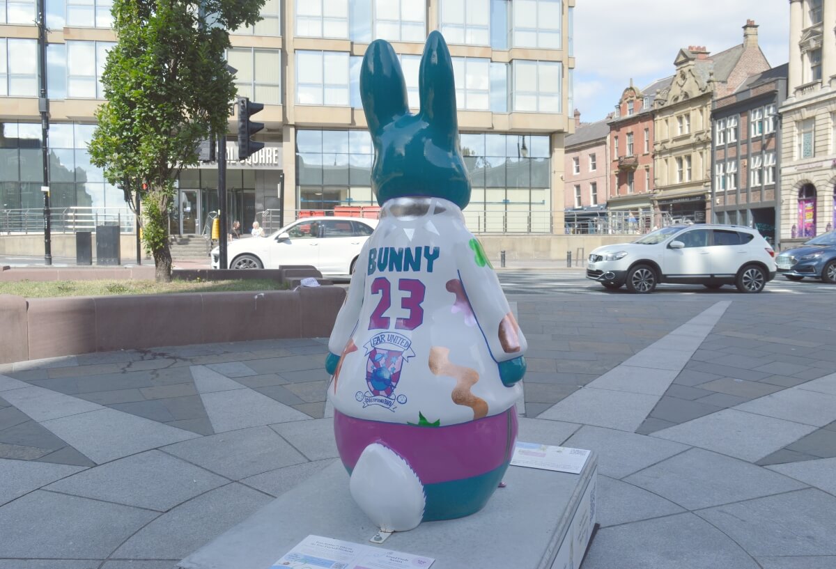 Back of Happy Bunny Peter Rabbit showing Bunny 23 outside Newcastle Cathedral