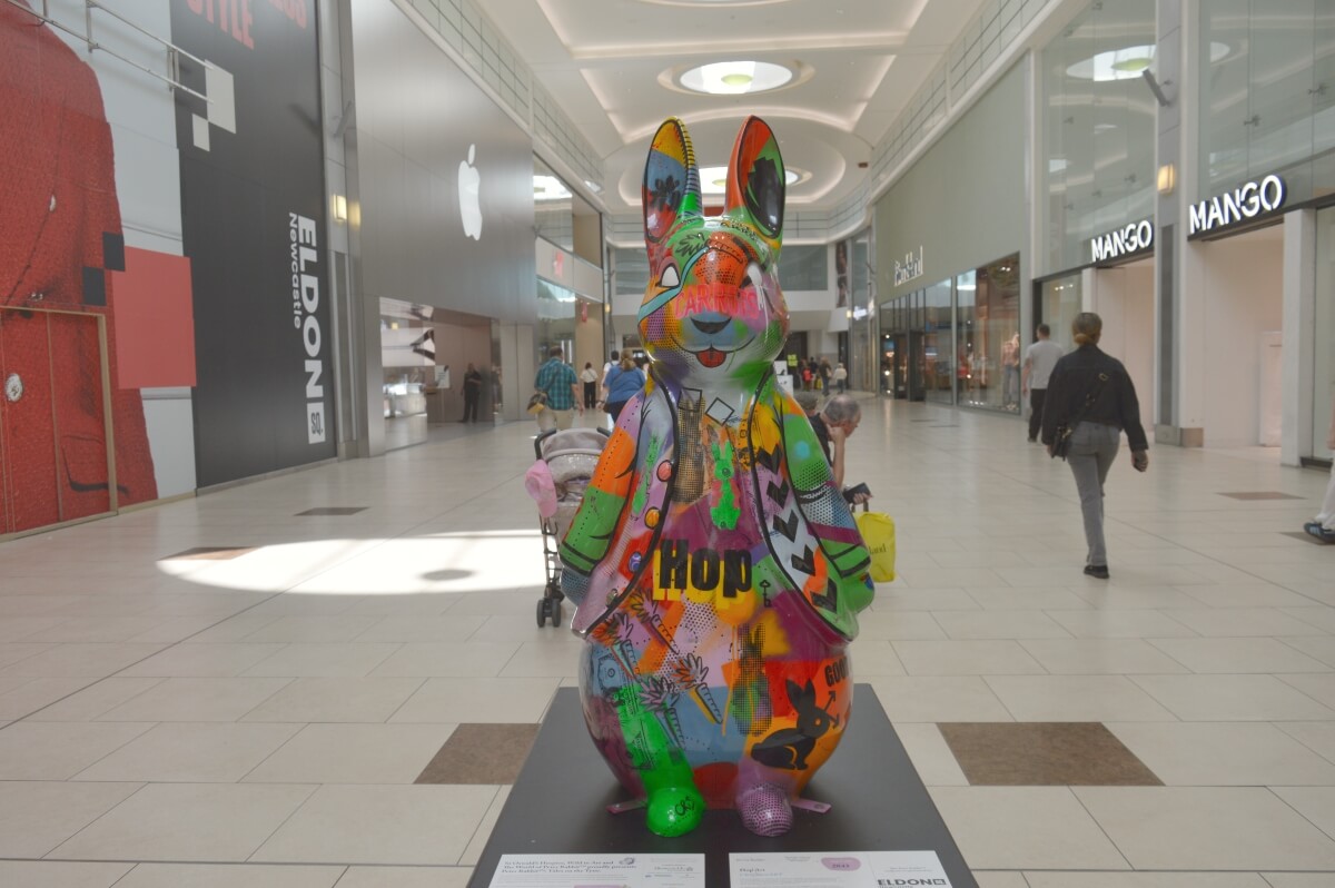 Hop'Art colourful Pop Art Peter Rabbit sculpture inside Eldon Square Newcastle