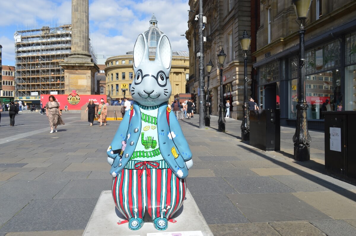 Hopping to Get On Board Peter Rabbit sculpture near Grey's Monument in Newcastle