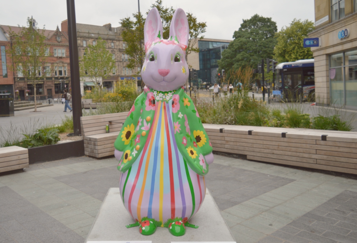 Midsummer Peter Rabbit sculpture at the top of Northumberland Street in Newcastle.
