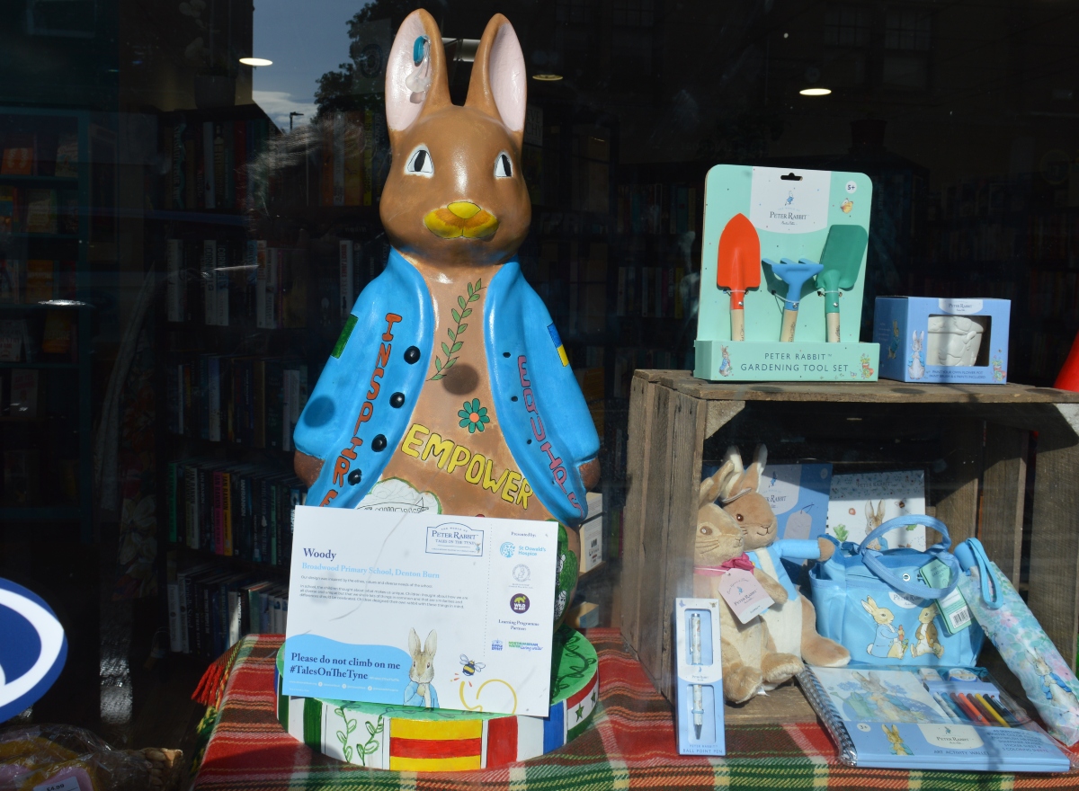 Woody Peter Rabbit fluffle by Broadwood Primary School in the window of St Oswald's Hospice Shop Gosforth