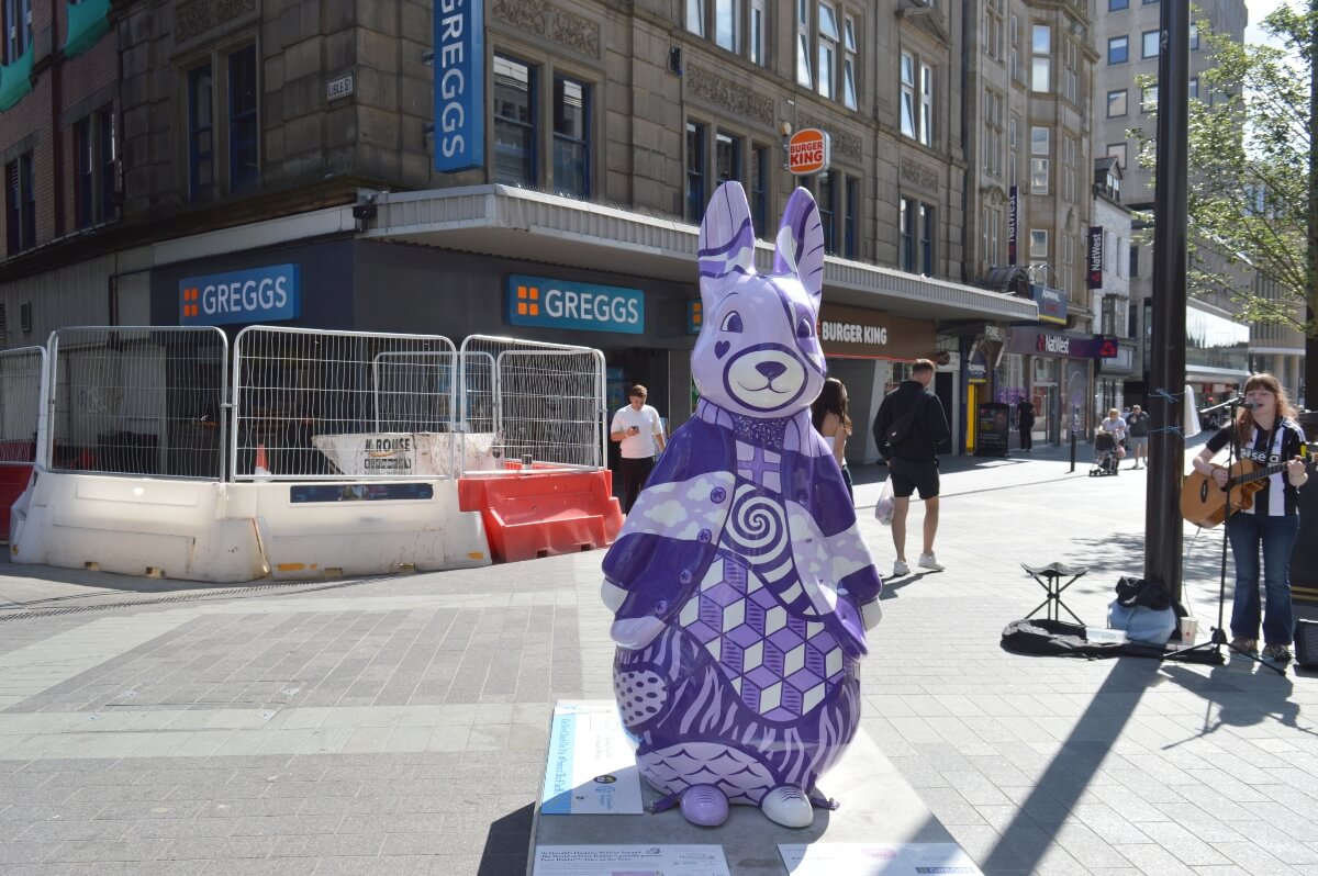 Pattern Spotting purple Peter Rabbit sculpture on Northumberland Street in Newcastle