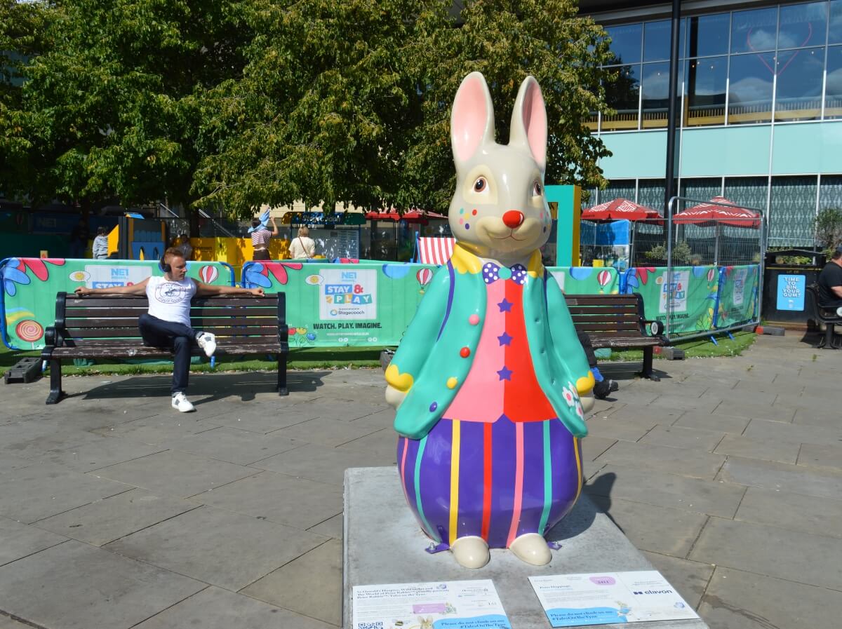 Peter Hoppings colourful Peter Rabbit sculpture in Old Eldon Square Newcastle