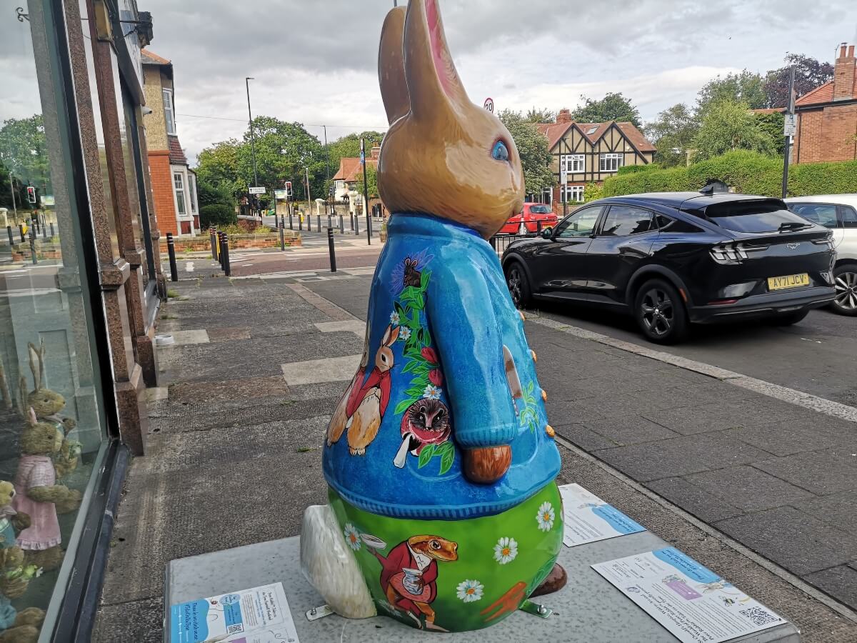 Back of Peter Rabbit and Friends showing Beatrix Potter characters among flowers and vegetables