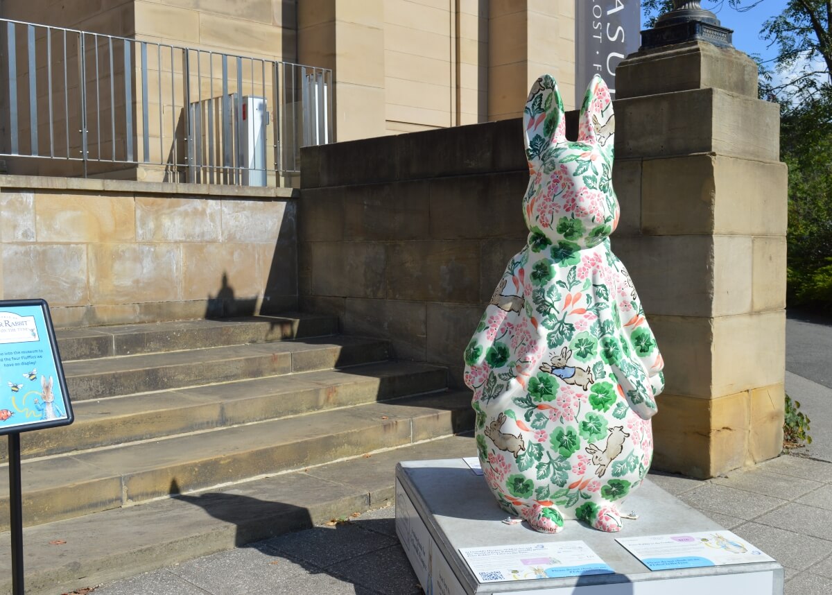 Peter Rabbit in the Garden floral sculpture outside the Great North Museum Hancock in Newcastle