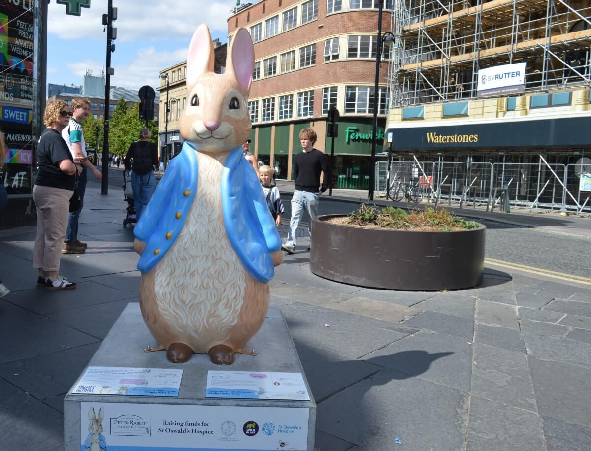 Classic Peter Rabbit sculpture in his blue jacket on Northumberland Street Newcastle