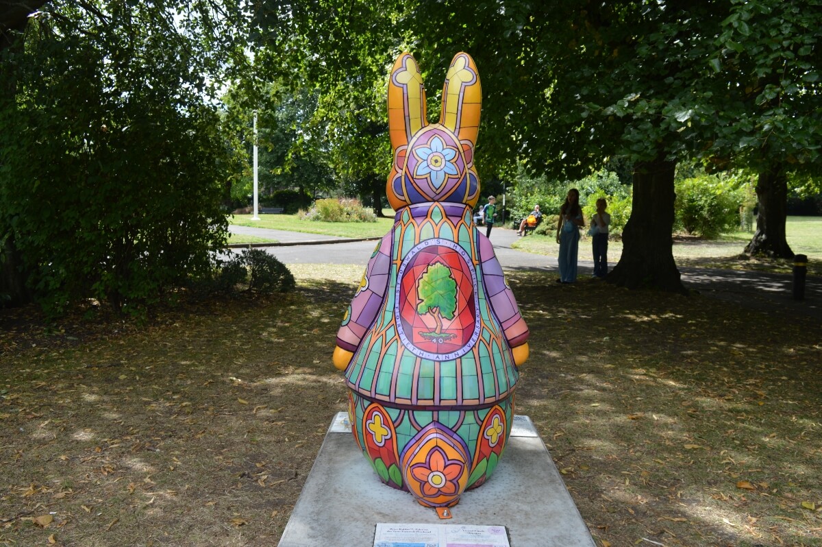 St Bun Peter Rabbit sculpture showing stained glass details on the back