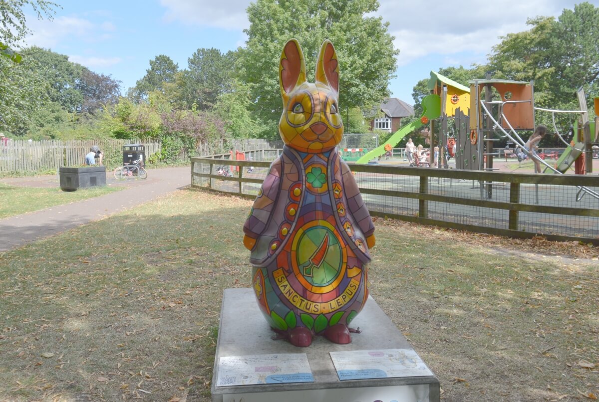 St Bun stained glass Peter Rabbit sculpture in Gosforth Central Park