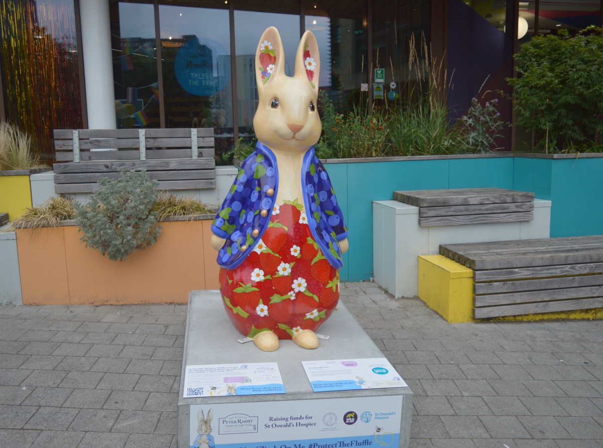 Summer Berries Peter Rabbit sculpture beside Strawberry Place near St James' Park in Newcastle.