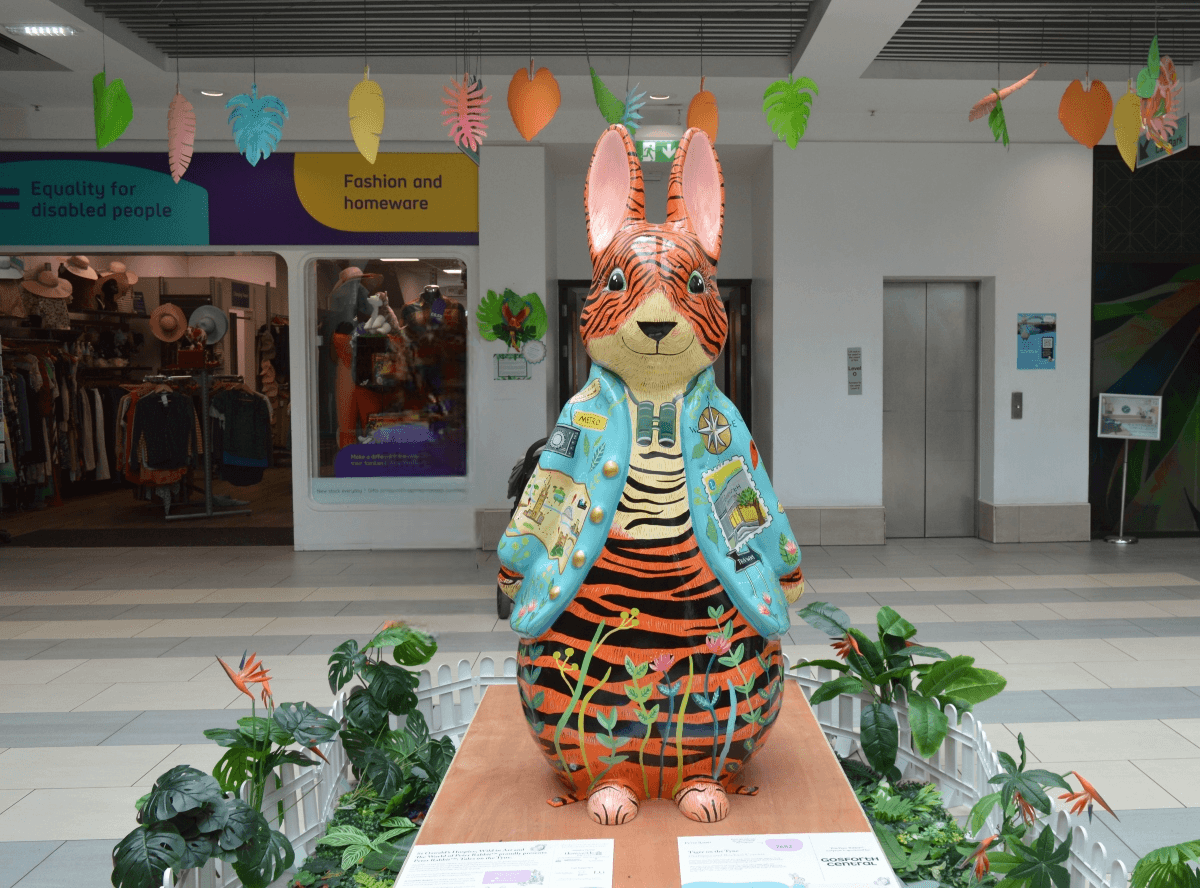 Tiger on the Tyne Peter Rabbit sculpture inside Gosforth Central in Newcastle
