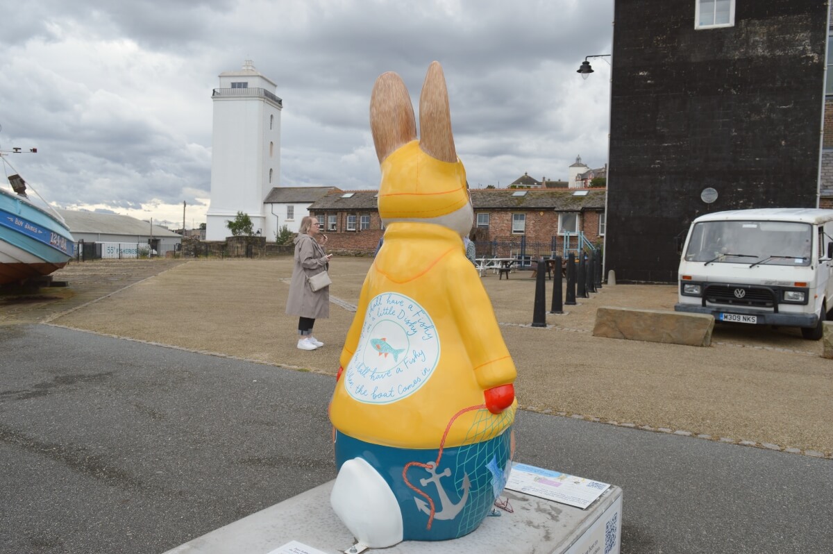 Back of When the Boat Comes In Peter Rabbit sculpture at North Shields Fish Quay